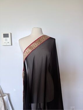 Black Sheer Saree with Gold and Red Floral Border